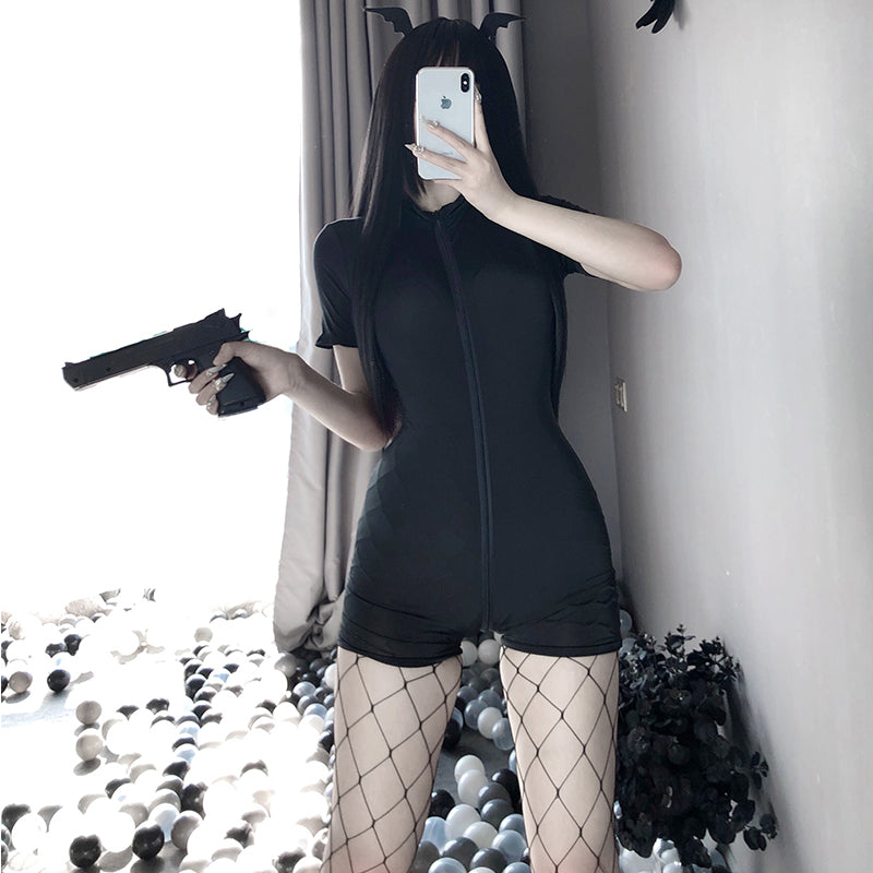 Double zipper short sleeve open crotch free sexy jumpsuit