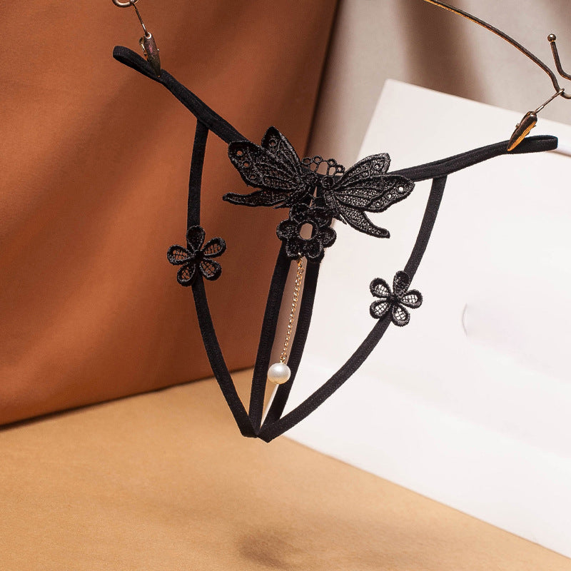 Sexy pearl open crotch transparent t-pants