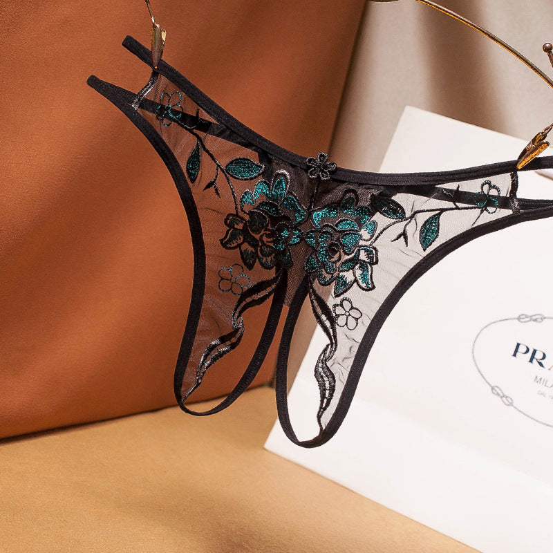 Open crotch embroidered sexy mesh hollow no-take-off thong