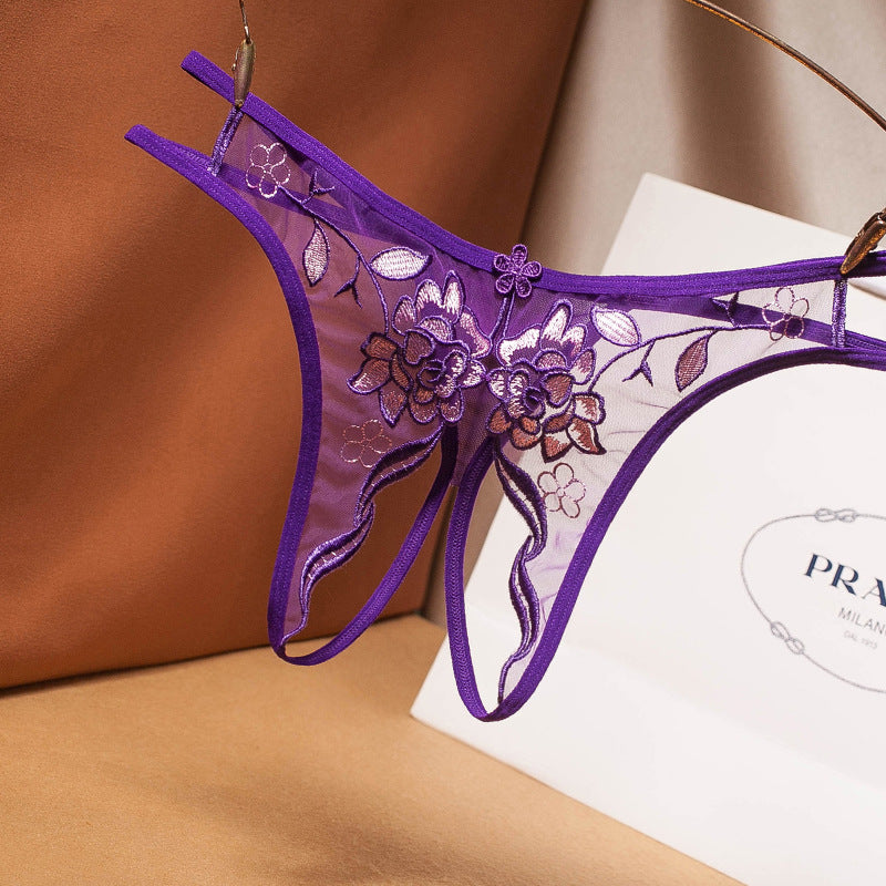 Open crotch embroidered sexy mesh hollow no-take-off thong