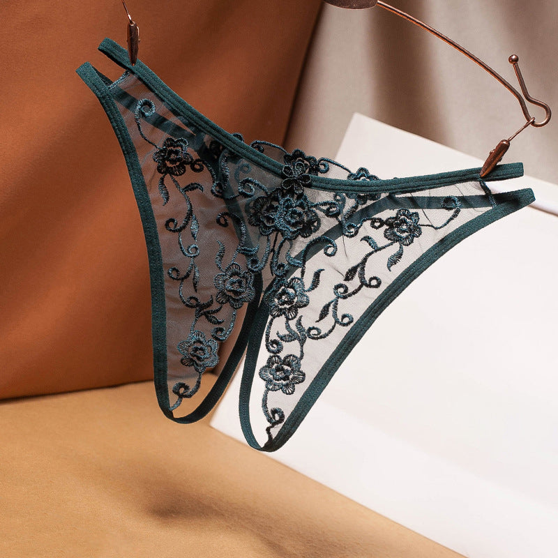 Mesh Embroidery Vintage Hollow Transparent Thong