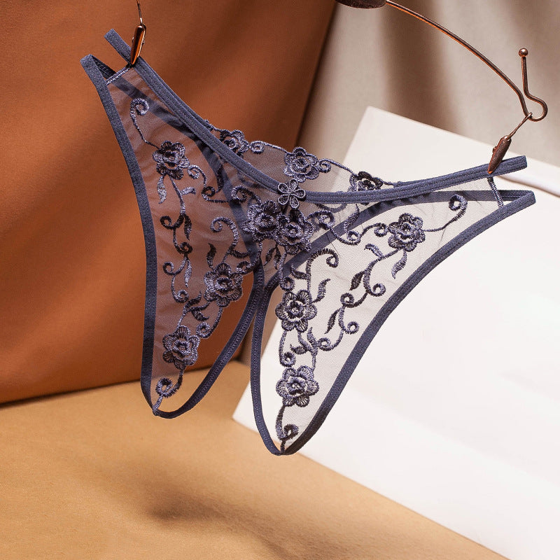 Mesh Embroidery Vintage Hollow Transparent Thong