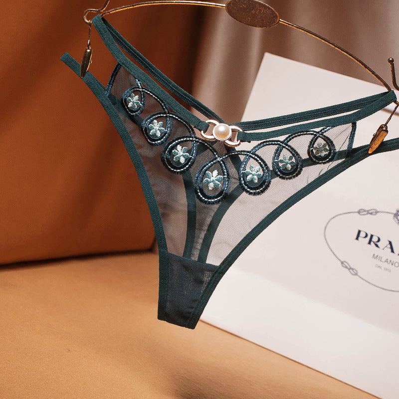 Embroidered transparent temptation cross t panties