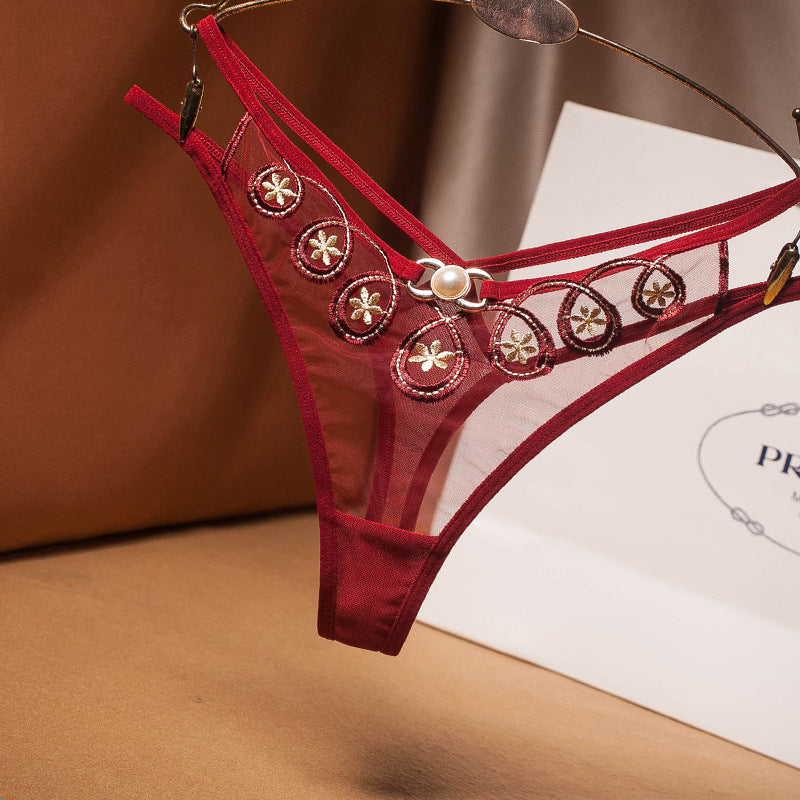 Embroidered transparent temptation cross t panties