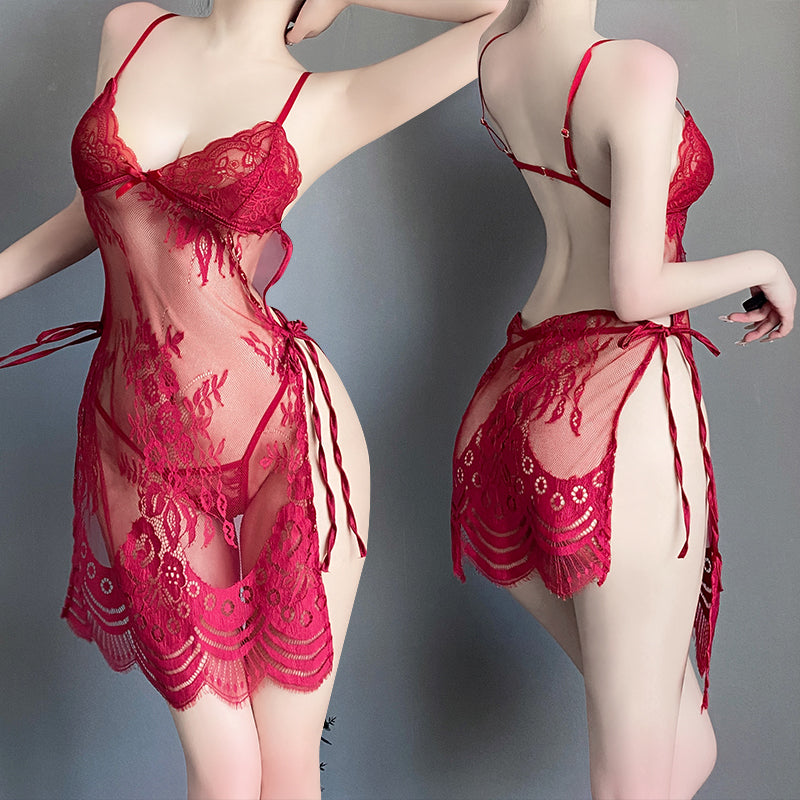 Sexy side-opening see-through suspender pajamas