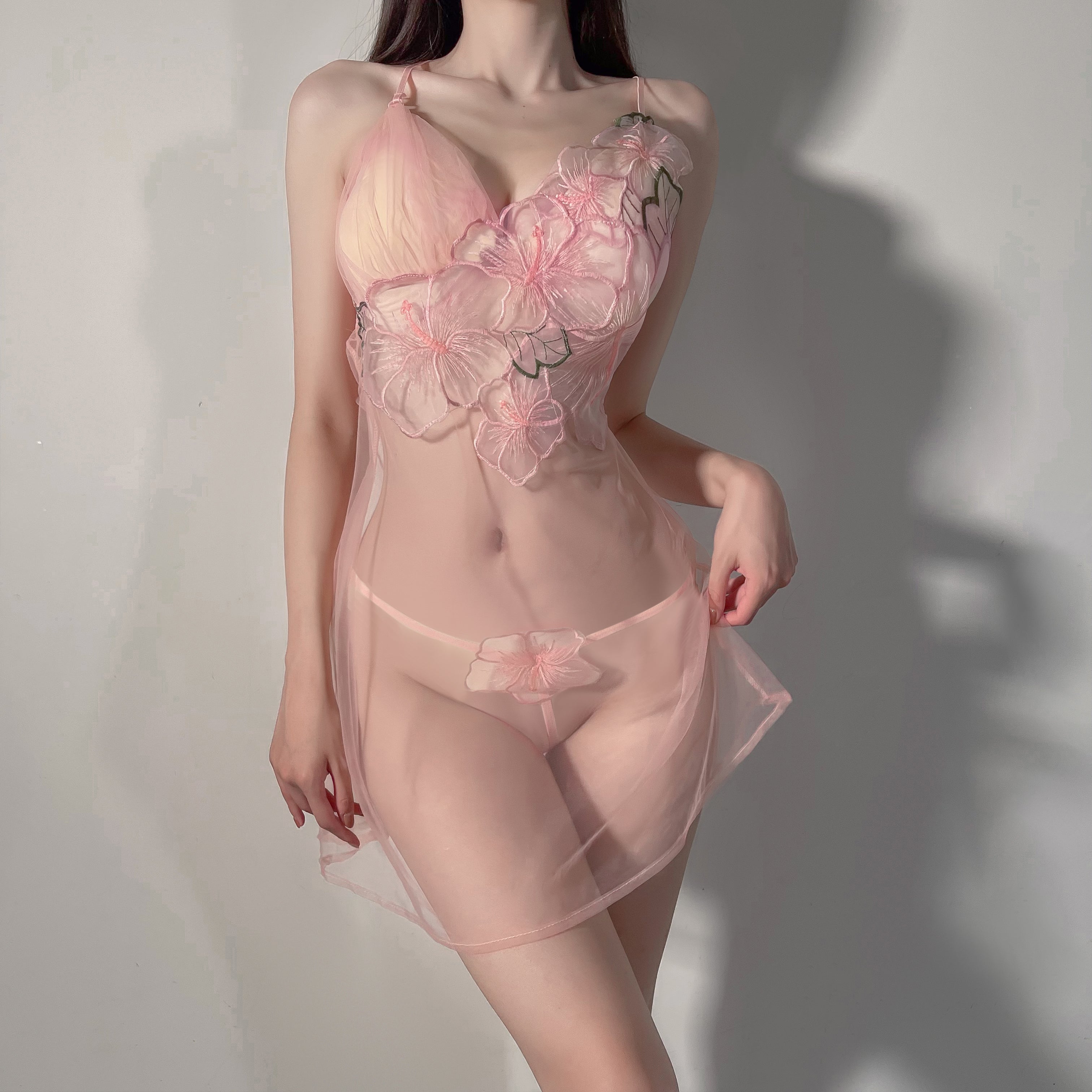 Sexy suspender see-through deep V peach blossom nightdress