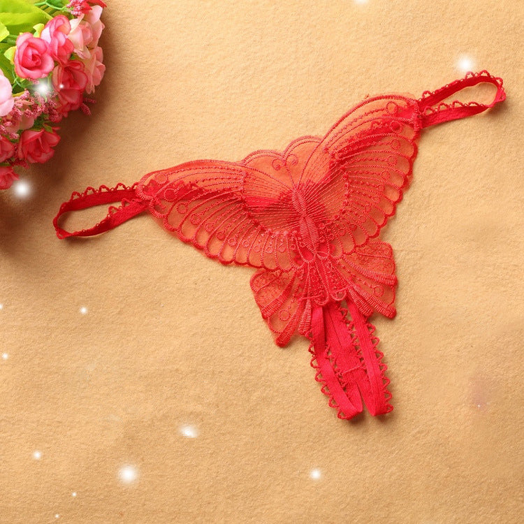 Hollow embroidery crotchless thong