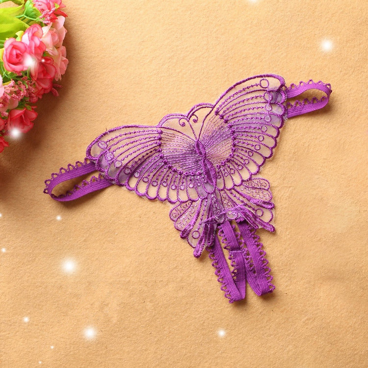 Hollow embroidery crotchless thong