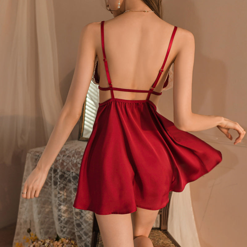 Sexy sling lace deep v hollow front slit pajamas thin nightdress-D8491