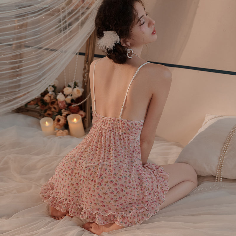 Sexy suspender floral nightdress pure temptation see-through pajamas-D8888