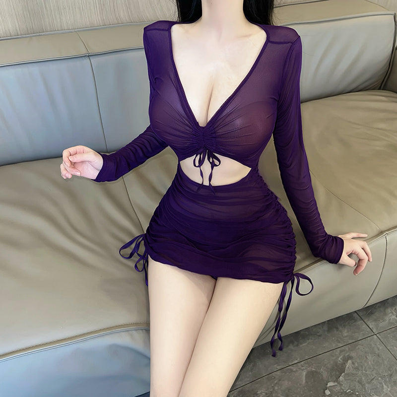 Sexy low-cut deep V hip skirt slim uniform temptation see-through pajamas-D8991