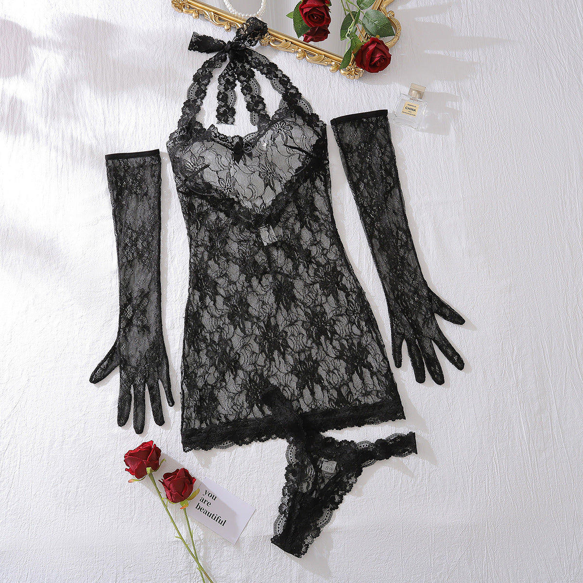 Sheer Lace Halter Lingerie Set with Matching Gloves – Pure Desire Temptation Look