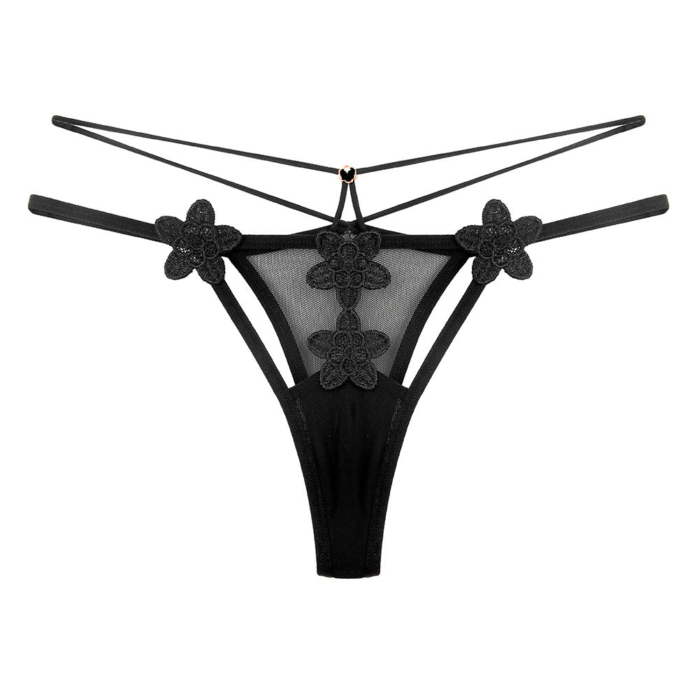 Transparent mesh temptation hollow embroidery thong