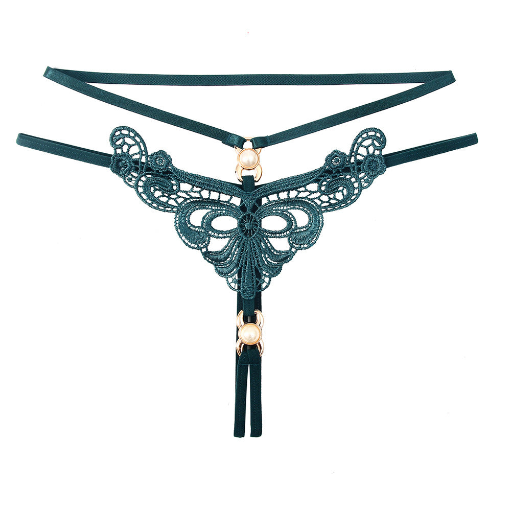 Hollow Embroidery Pearl Bondage Temptation Thong