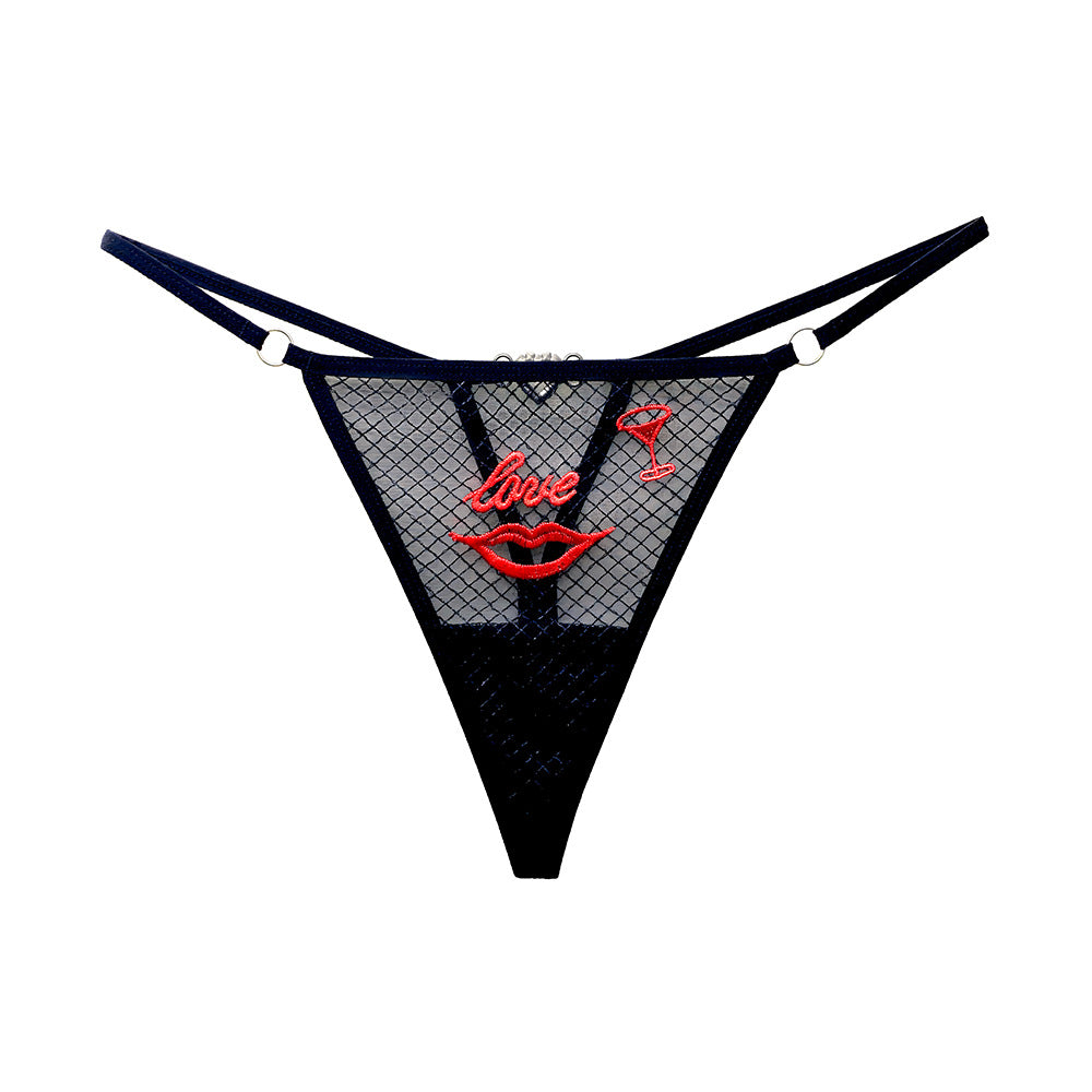 Fashionable red lips love embroidered low waist thin strap diamond decorated panties