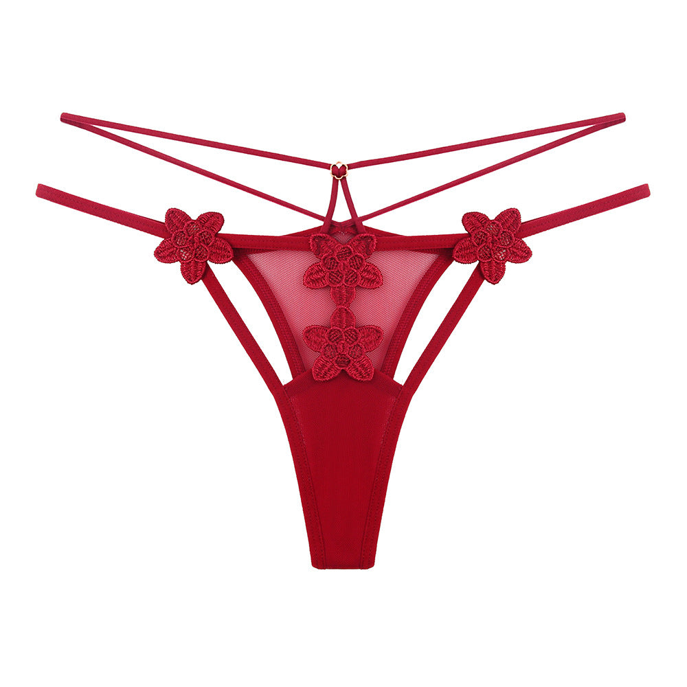 Transparent mesh temptation hollow embroidery thong