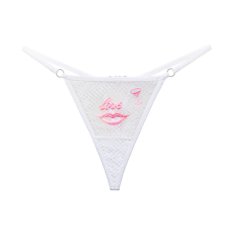 Fashionable red lips love embroidered low waist thin strap diamond decorated panties