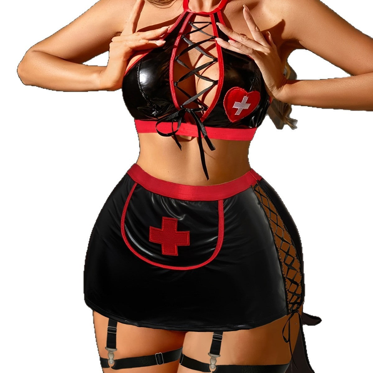 Lace-up leather nurse suit