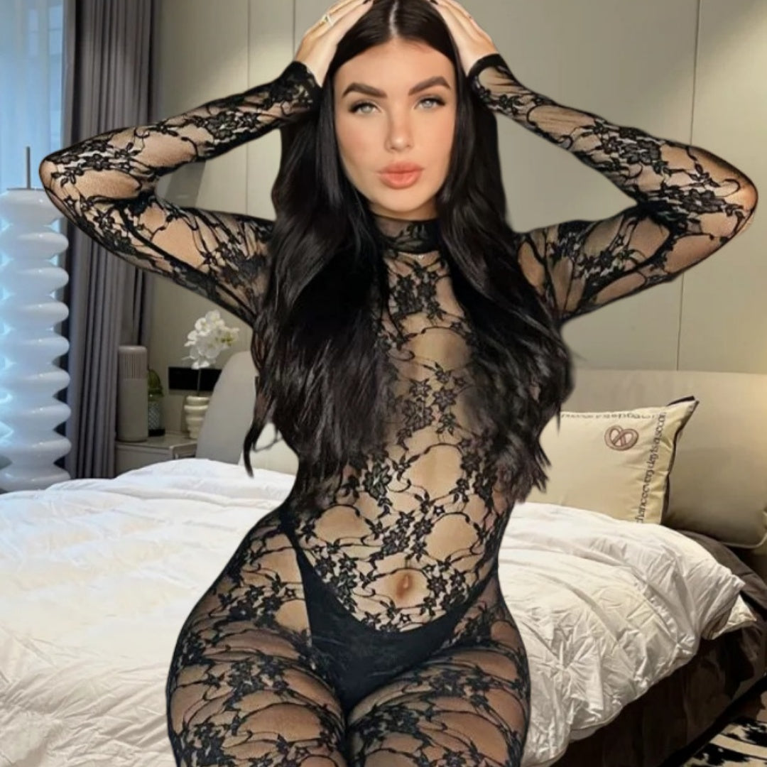 Lace Jacquard Half-Turtleneck Slim Jumpsuit