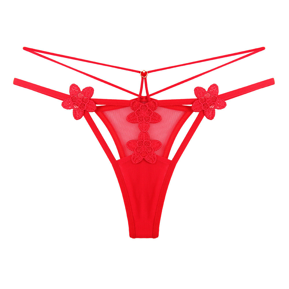 Transparent mesh temptation hollow embroidery thong