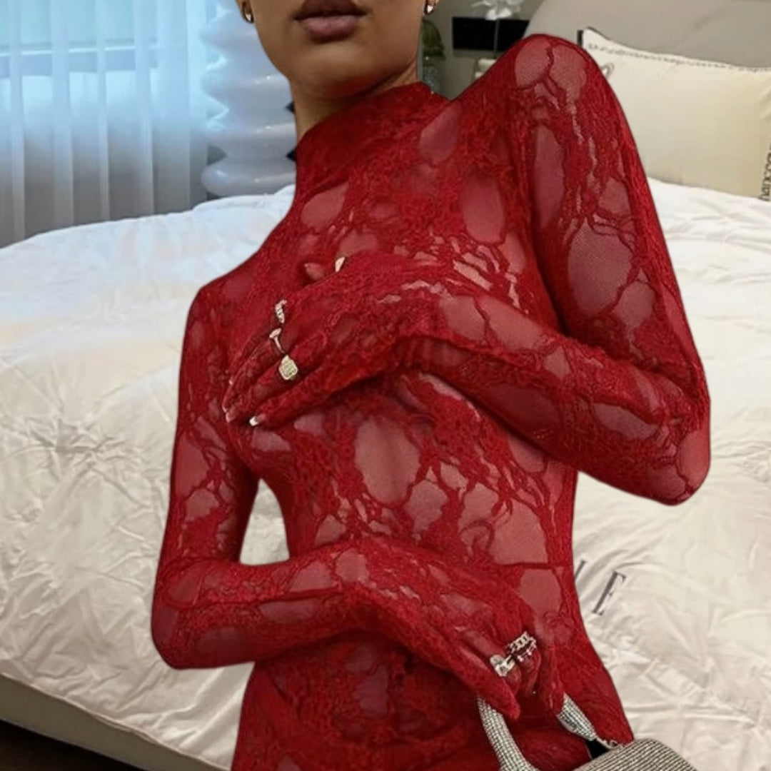 Lace Jacquard Half-Turtleneck Slim Jumpsuit