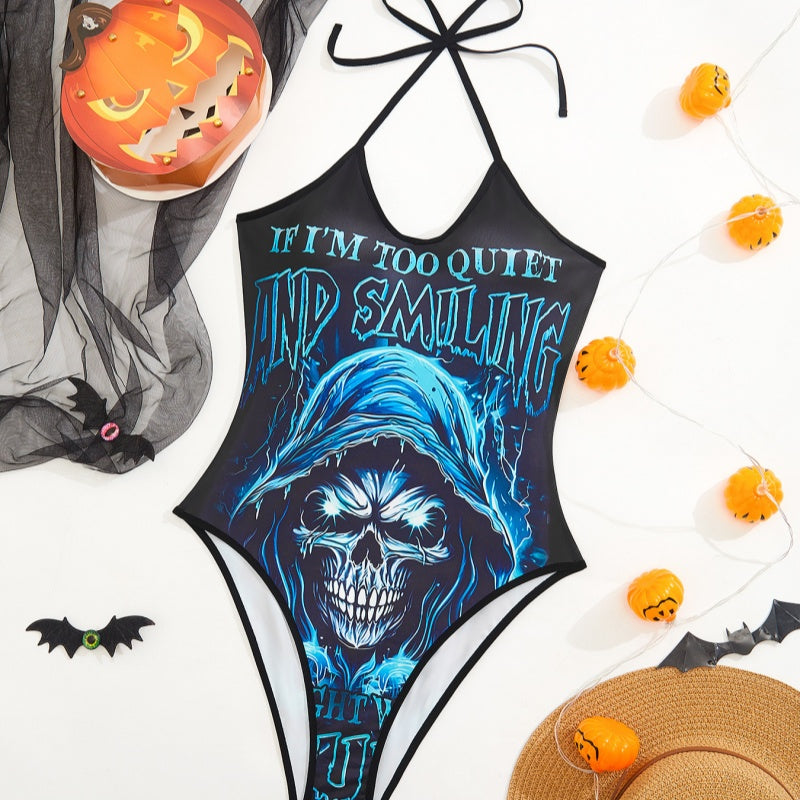 Alluring Skull Print Round Neck Teddy – Seductive Party Outfit