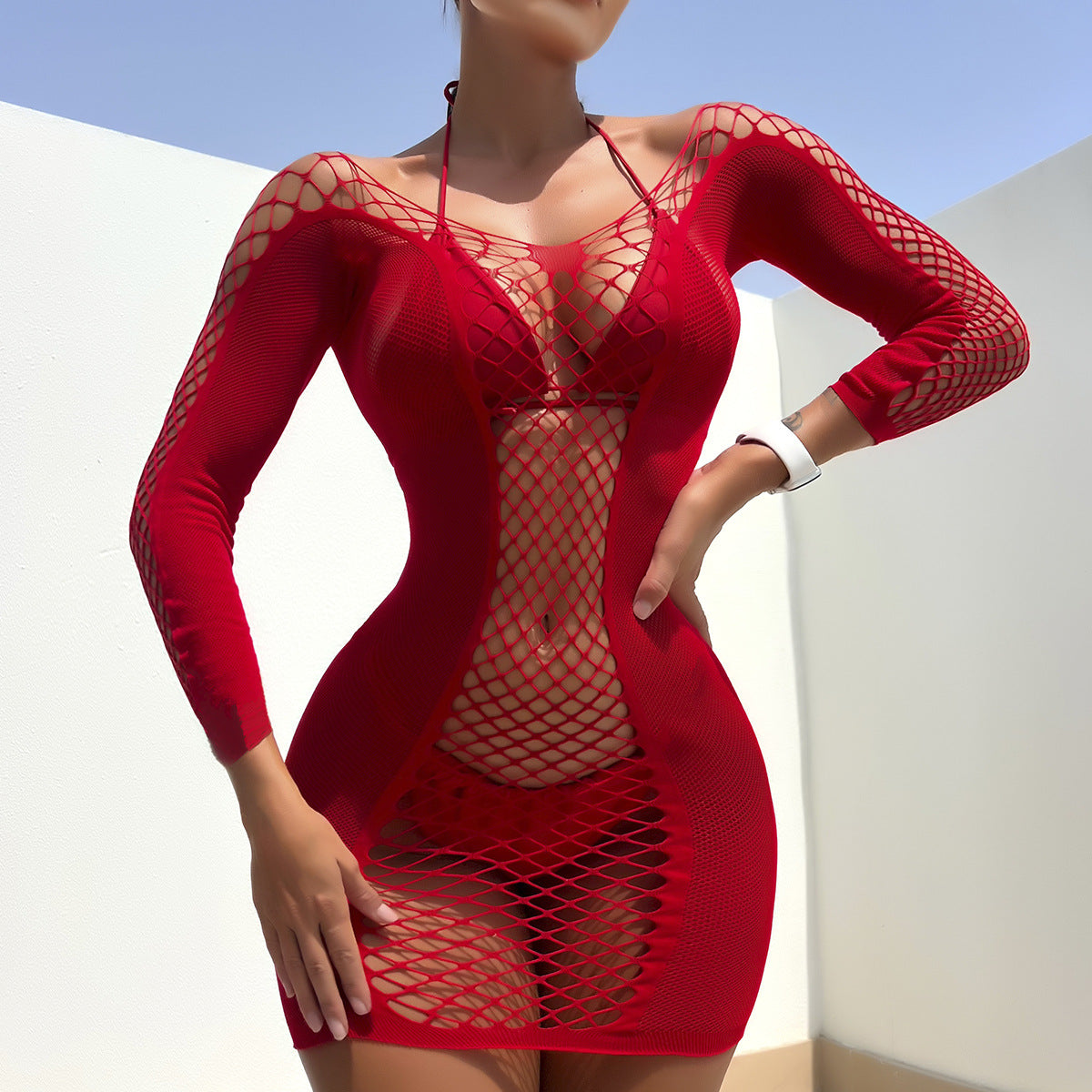 Sexy Fishnet Mini Dress - Sheer Long Sleeve Sexy Outfit