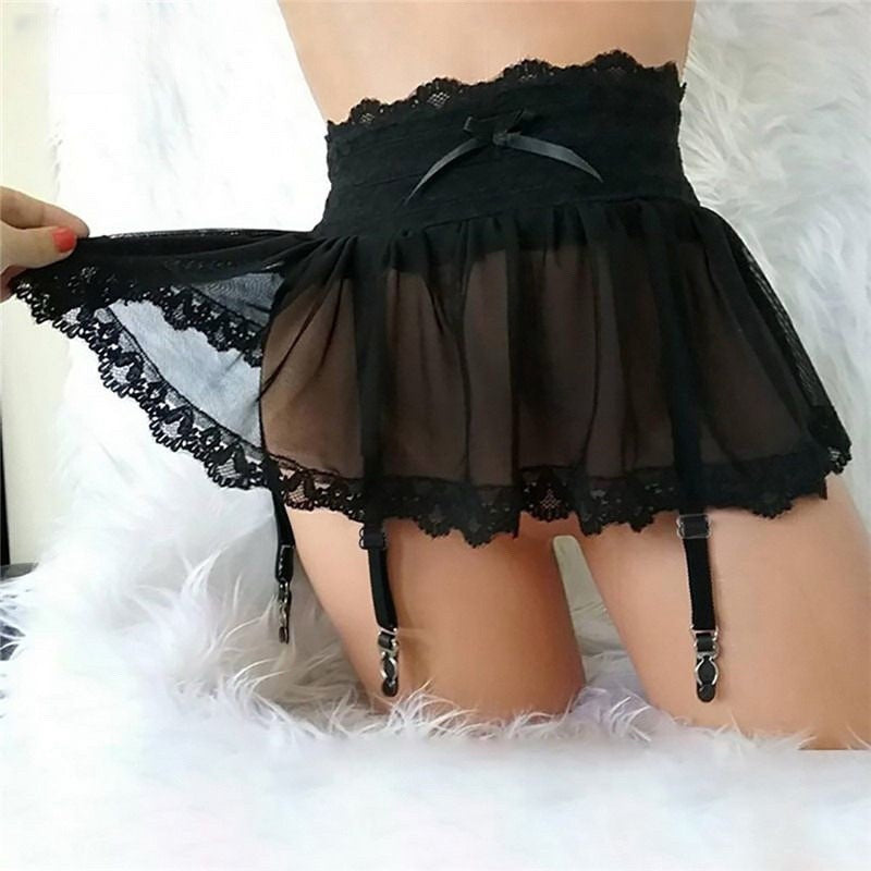 Lace suspender mini skirt