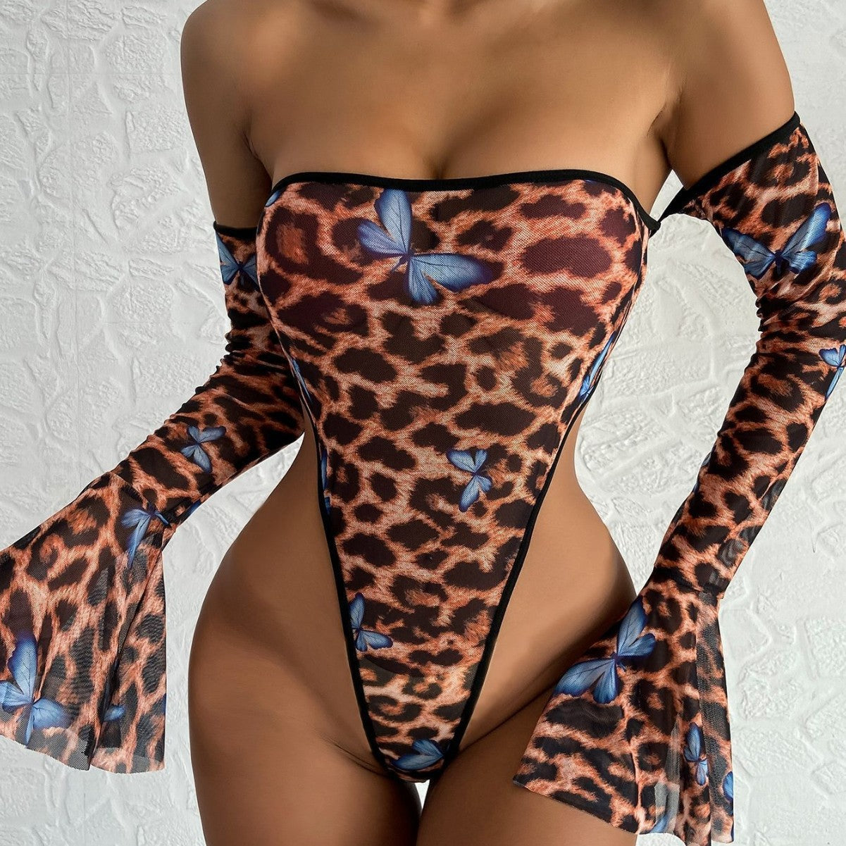 Leopard print off-the-shoulder long-sleeved open-crotch bodysuit