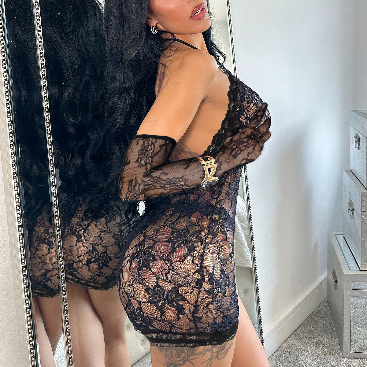 Sheer Lace Halter Lingerie Set with Matching Gloves – Pure Desire Temptation Look