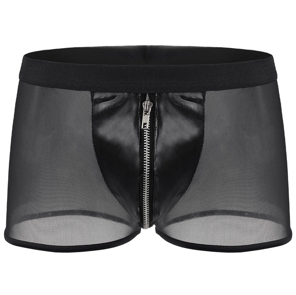Men's Sexy Mid-Rise Fine Mesh Faux Leather Zipper Boxer Briefs