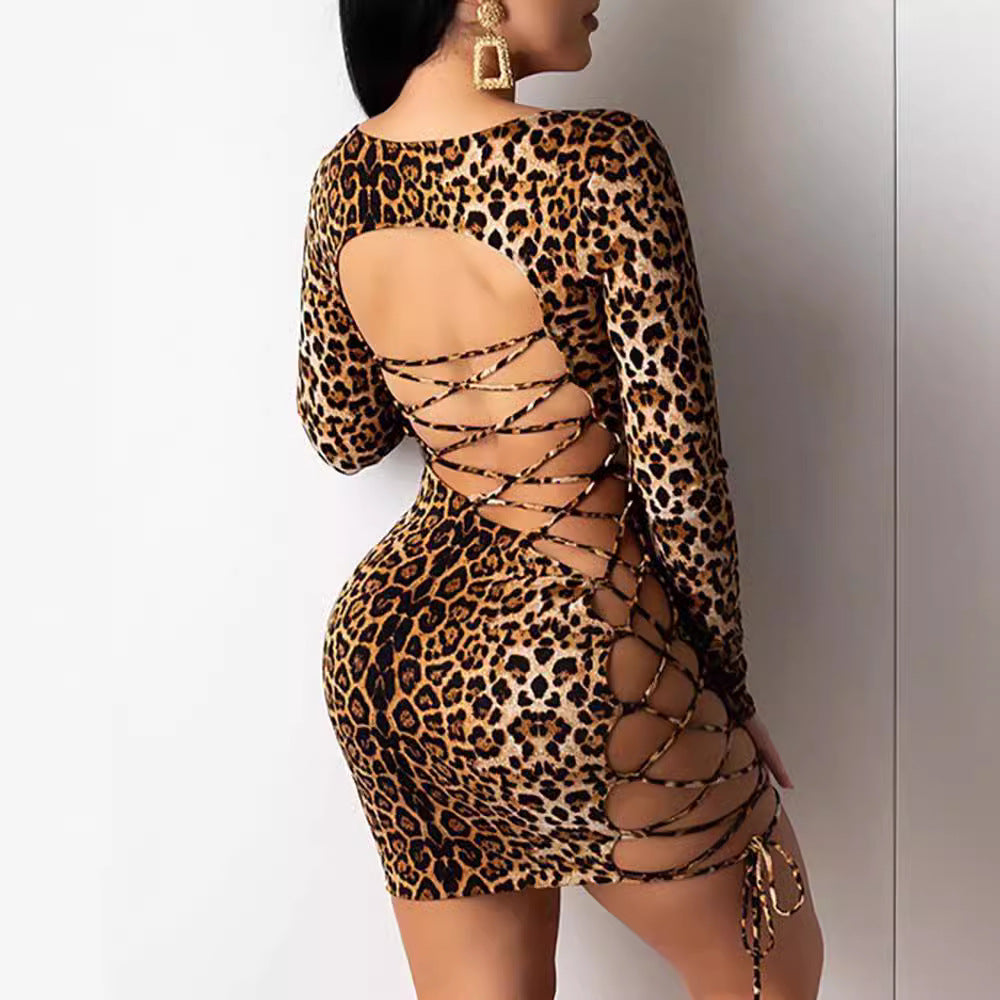 Leopard Print Backless Lace-Up Mini Dress