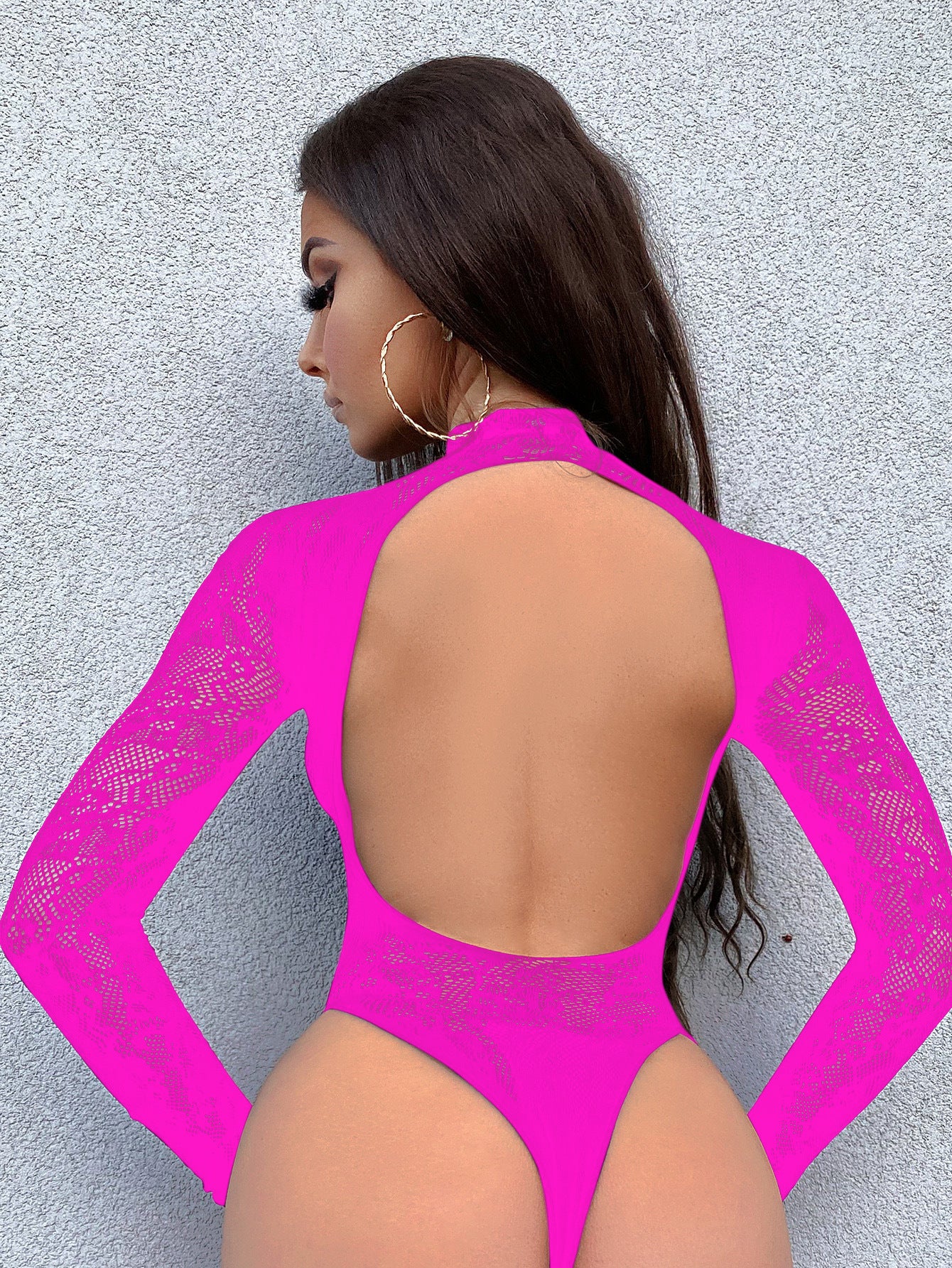 Garter backless see-through long sleeve hollow mesh top