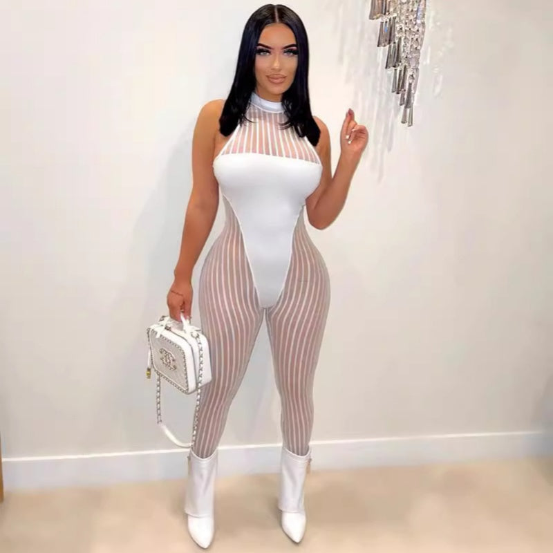 Striped slim-fit sleeveless jumpsuit