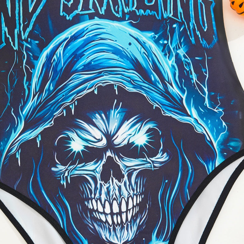 Alluring Skull Print Round Neck Teddy – Seductive Party Outfit