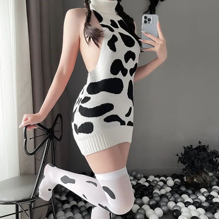 Cow sweater flirting hip-wrapped halter back turtleneck sweater pajamas
