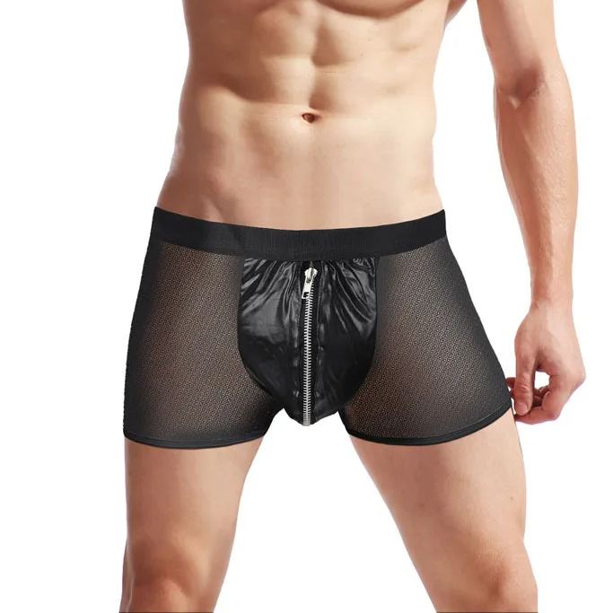 Men's Sexy Mid-Rise Fine Mesh Faux Leather Zipper Boxer Briefs