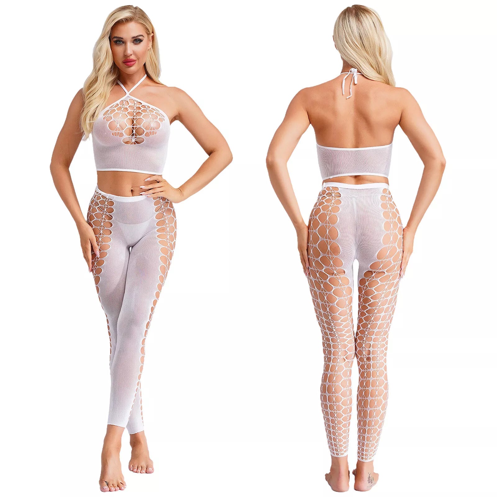 Halter neck hollow crotch transparent mesh jumpsuit