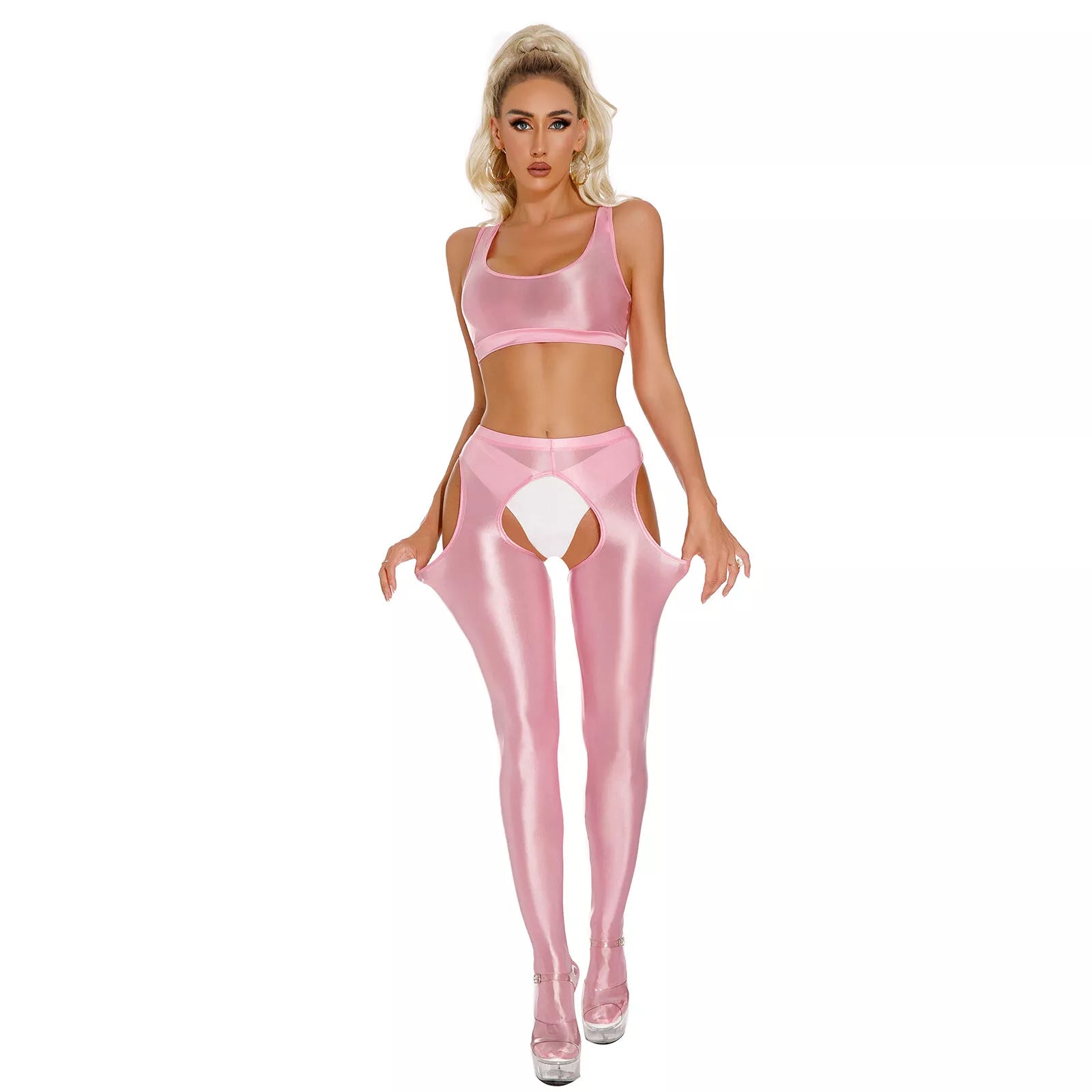 Transparent glossy crotch-length leggings 2-piece set