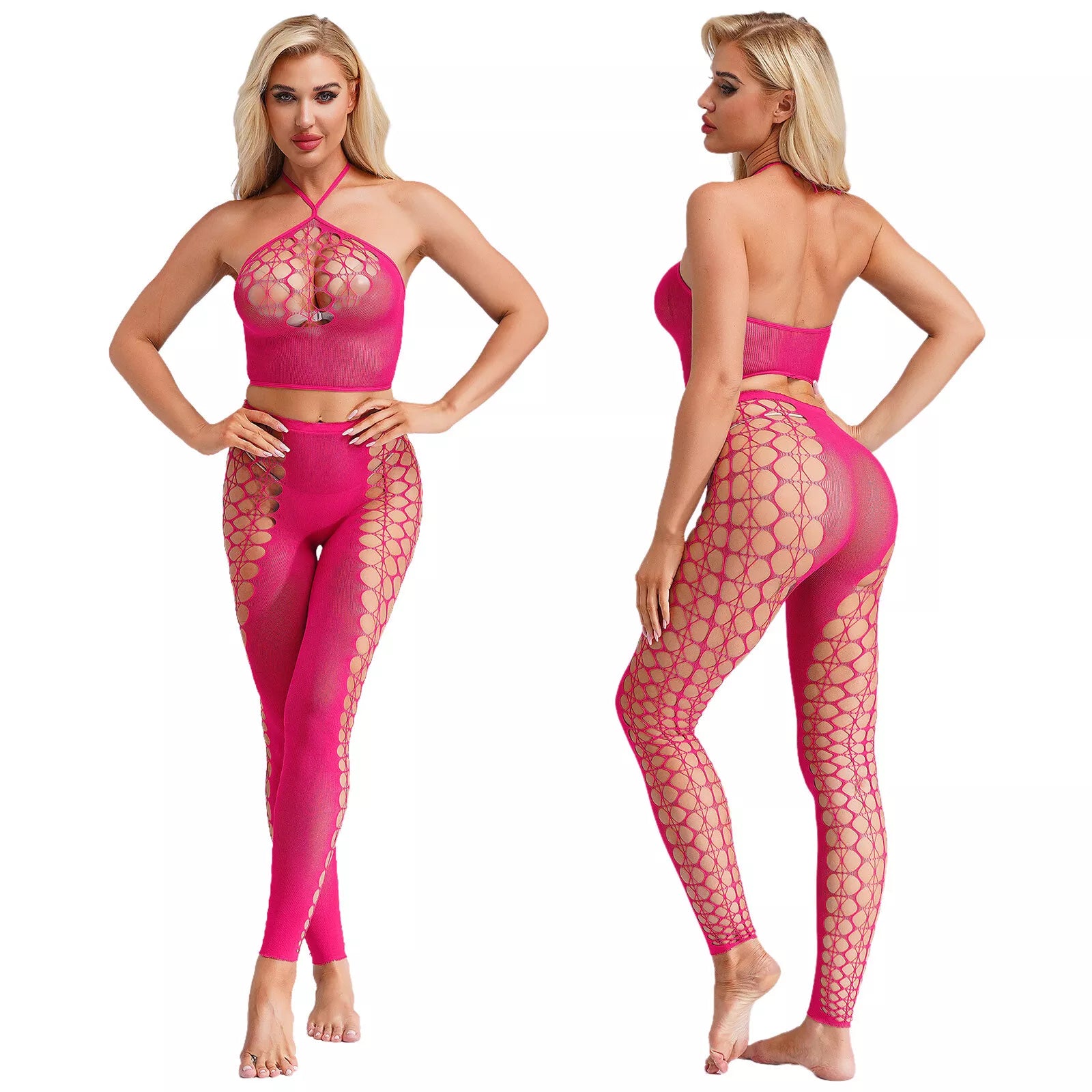 Halter neck hollow crotch transparent mesh jumpsuit