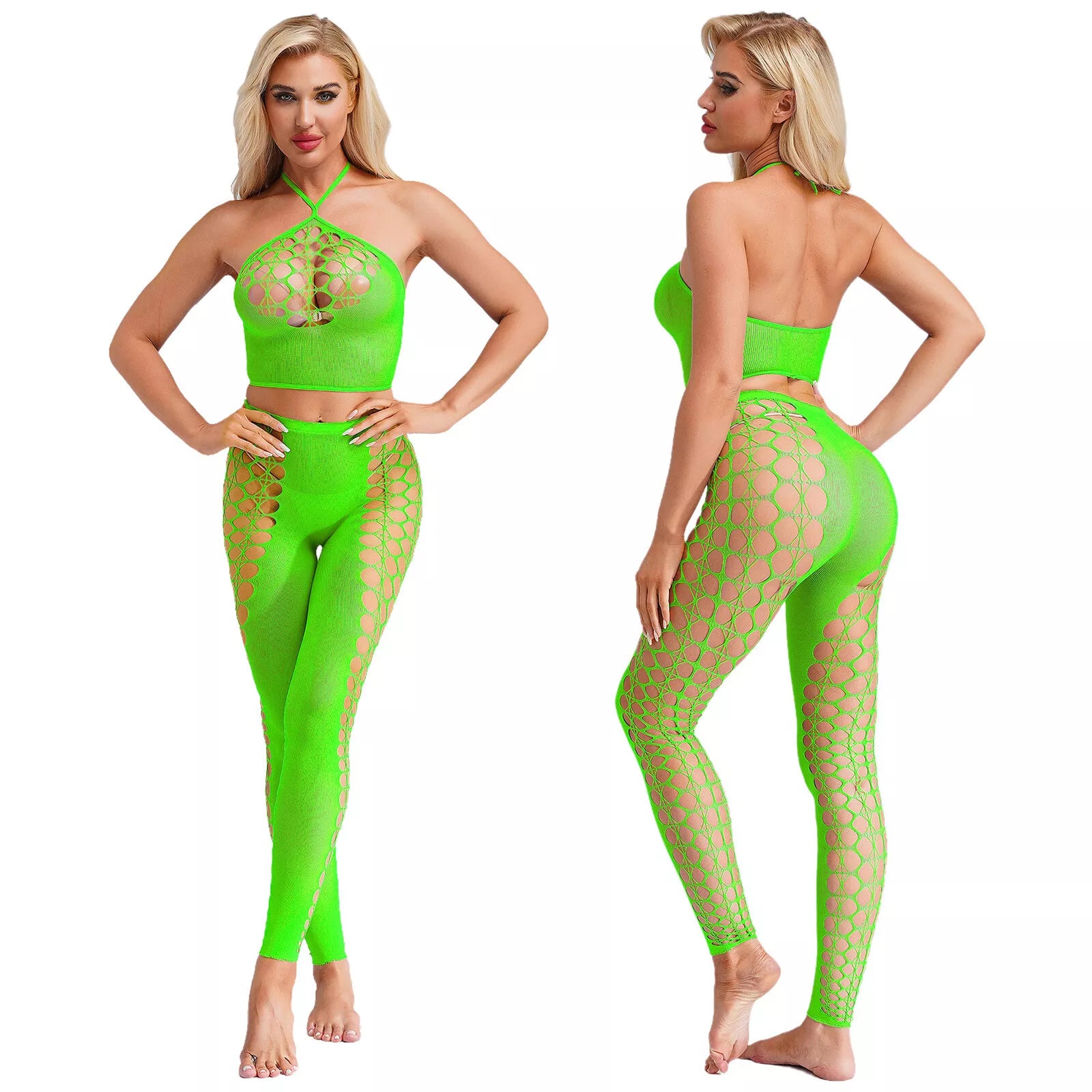 Halter neck hollow crotch transparent mesh jumpsuit